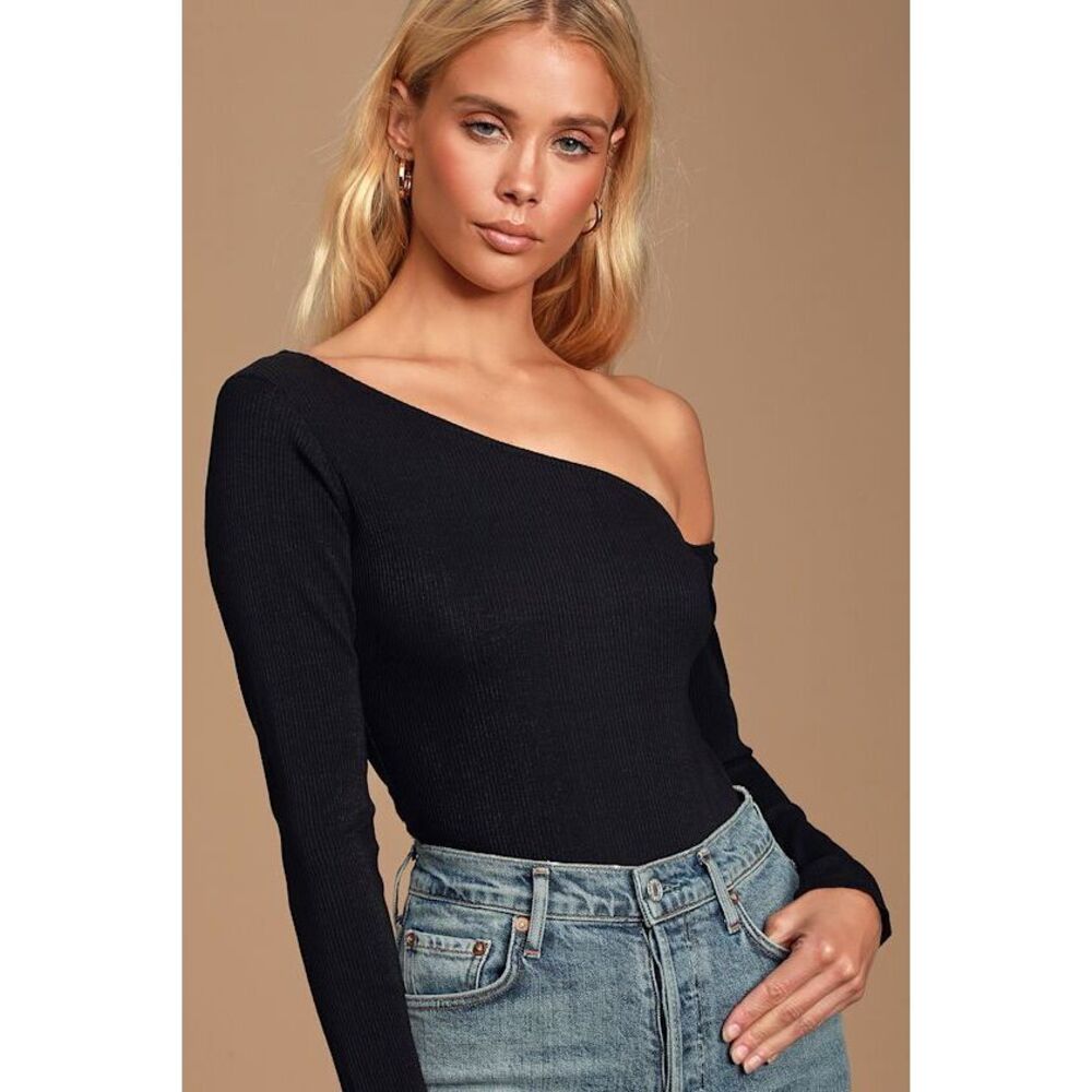 Lulus Ellorie Black Ribbed Long Sleeve One-shoulder Bodysuit - Size M